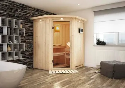 Produktbild von Elementsauna Karibu Callinan inkl. 9 kW Ofen u.ext.Steuerung mit Dachkranz und bronzierter Ganzglastüre