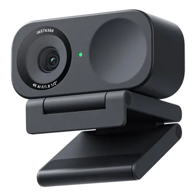 A black Insta360 Link webcam is shown against a white background.