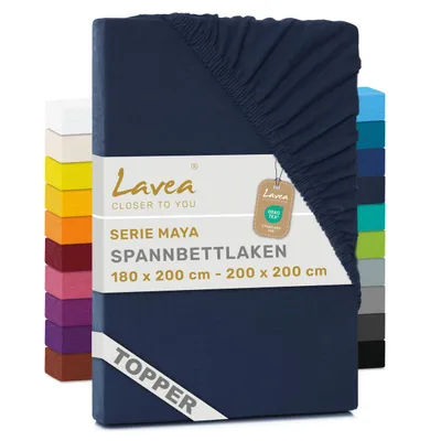 Zdjęcie produktu dla Lavea® Prześcieieradlo na materac z dodatkową warstwą, 180x200 cm - 200x200 cm, Maya, 100% bawełna dżersejowa – Miękkie prześcieradło na materac z dodatkową warstwą do 10 cm – Kolor: Galaxy Blue (niebieski)