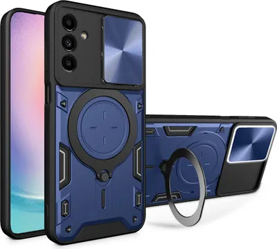 Produktbild von Handyhülle für Samsung Galaxy A24 4G Dual-Layer Stoßfest Rüstung Hülle mit Dia Kameraschutz und Kreisförmig Ring Ständer Blau