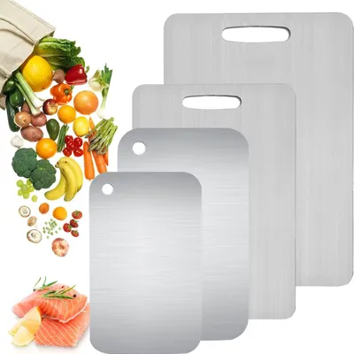 Produktbild von 4er Titan Schneidebrett,Schneidebretter aus Edelstahl,Schneidebrett Titan, Doppelseitiges Titanium Cutting Board für Fleisch,Obst,Fleisch