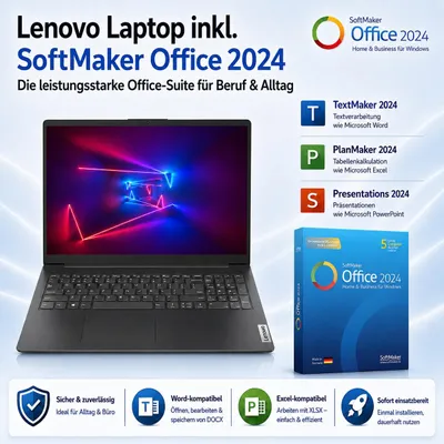 Produktbild von Lenovo Notebook 15"/ Intel i3 -1315u /8GB DDR5 /512GB / FHD / RJ-45 / Win11 Pro + Office 2024 von Softmaker