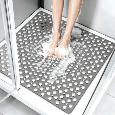 Image de Tapis de douche antidérapant, 53x53 cm, gris, en TPE, avec ventouses et orifices de drainage
