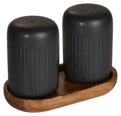 Produktbild von SCHÖNER WOHNEN-Kollektion Salz- und Pfefferstreuer Mod. REFIA stilvolles Set mit Akazienholztablett aus Keramik für Küche Esstisch je 75 ml 12,5 x 8 x 7 cm schwarz natur