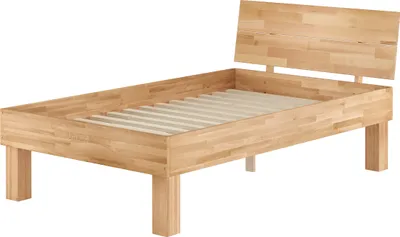 A wooden bed frame with a slatted base and a headboard, shown against a white background.
