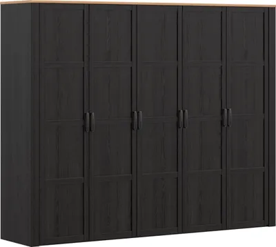 Image de Armoire de chambre BOHOL,Reproduction Chene et Noir, 5 portes battantes, L265,6 x P59,6 x H214 cm