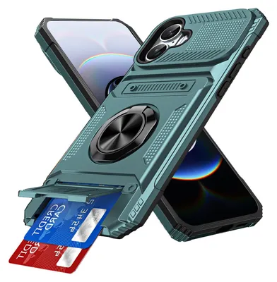 Produktbild von Dual Layer Hülle für iPhone 16 mit Kartenhalter, Magnetische Ring Ständer Militärschutz Stoßfeste Handyhülle Grün