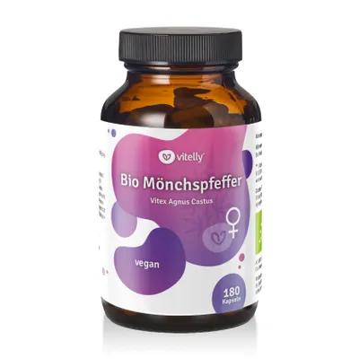 Immagine prodotto di Capsule di agnocasto biologico – 180 capsule – 20 mg di estratto di Vitex agnus-castus – Concentrato 10:1 – Equilibrio e benessere femminile