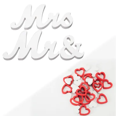 Holz-Hochzeitsdeko-Set Mr & Mrs mit Ringen und Herzen