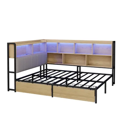 Produktbild von Polsterbett Schlafsofa 140x200 mit LED-Beleuchtung, USB&Typec-Ladestation,Tagesbett,Jugendbett mit 2 Schubladen und Lattenrost,Kopfteil mit Stauraum