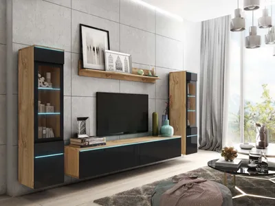 A modern living room with a wall-mounted entertainment unit.