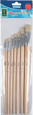 Produktbild von Stylex Künstlerpinselset, 8-teilig, flach. Pinselgrößen 1, 3, 4, 5, 6, 8, 10, 12. Synthetikborsten, Holzstiel mit festem Griff, rostfreie Aluminiumzwinge verhindert Haarverlust. Hohe Farbaufnahme, langlebig, leicht zu reinigen, lösungsmittelbeständig. Ideal für Acryl-, Aquarell-, Ölmalerei auf Papier, Leinwand & Karton. Holz aus nachhaltiger Waldbewirtschaftung.