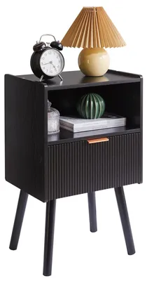 Nachttisch mit Schublade und Regal, 40x30x65 cm, Schwarz, Holzbeine