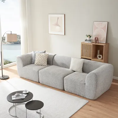 Zdjęcie produktu dla Sofa modułowa 3-osobowa "Hurvas" 2 x element narożny z podłokietnikiem 1 x część środkowa 76 x 313 x 108 cm Bouclé szary