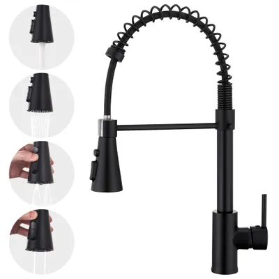 A black kitchen faucet with a pull-down sprayer and multiple spray functions shown in a product shot.