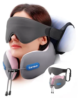 Immagine prodotto di Cuscino da viaggio per il collo con cintura e mascherina per dormire 3D, in memory foam, colore rosa e grigio