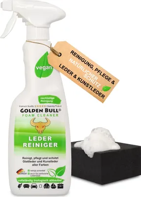 Produktbild von Golden Bull® Lederreiniger & Lederpflege 500ml + Schwamm - Leder Kunstleder Reiniger Schaum Spray 500ml für Reinigung und Pflege von Auto, Sofa uvm.