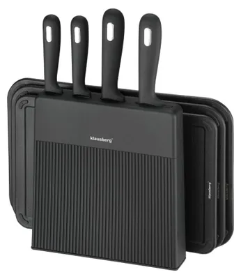 Obrázok produktu pre Sada nožov a dosky na krájanie Klausberg KB 7980, 8 kusov, nehrdzavejúca oceľ, stojan, čierna/nehrdzavejúca oceľ