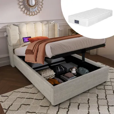 Image de OKWISH Lit simple 90 x 200 cm – Rangement avec système à gaz – Avec matelas – Beige