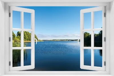Produktbild von Wallario Poster mit Fenster-Illusion: Malerischer See mit Schilf unter blauem Himmel, Größe: 100 x 150 cm