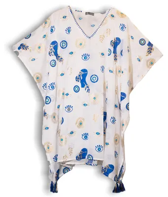 Imagen del producto de Colección Nómada Sari Mediterráneo - Kaftan - Diseño del Ojo Maligno en Blanco, Azul y Oro