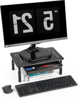 Zdjęcie produktu dla Regulowana podwyższenie na monitor do komputera lub drukarki – na 1 lub 2 ekrany – z uchwytami na kable