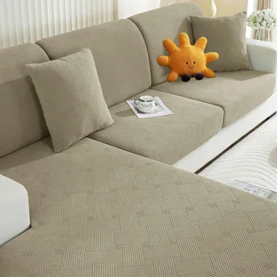 Obrázek produktu pro Potah na sedák, elastický, khaki barva, vhodný pro křeslo nebo chaise longue, geometrický design, protiskluzový