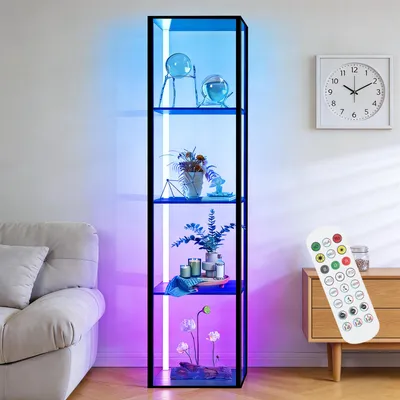 Produktbild von LED Standregal Displayregal mit Fernbedienung 39x29x160cm 2700K Warmlicht - 6500K Weißlicht, Eckschrank Eckvitrine Für Präsentation/Organisation