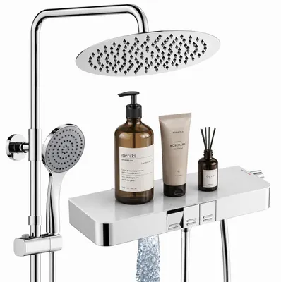 Douchesysteem mit Thermostat, 30 cm Regenbrause, Glasablage, Chrom