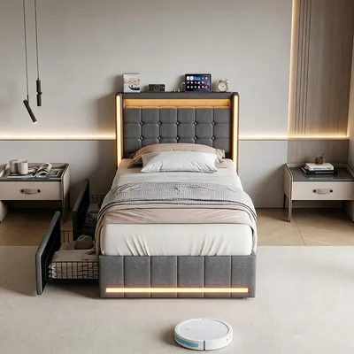 Immagine prodotto di Letto a molle con contenitore INONEFT, 90x200 cm, con 2 cassetti, illuminazione LED e porta USB-C – Letto per ragazzi, letto imbottito a una piazza con rete a molle, letto multifunzionale, struttura letto, tessuto in lino, colore grigio