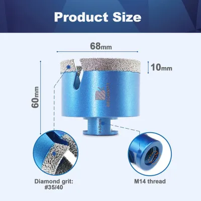 Obrázek produktu pro Diamantové vrtáky – kotoučové vrtáky na dlaždice – průměr 68 mm – vhodné pro gres, žulu, mramor a kámen – vrtáky do zdiva – 1 kus
