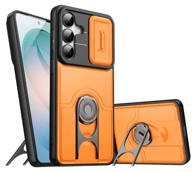 Image de Coque pour Samsung Galaxy S25 FE avec protection pour l'appareil photo et anneau de fixation/support, coque hybride résistante aux chocs, orange