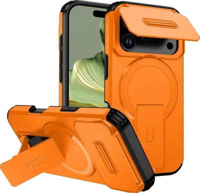 Produktbild von Magnetisch Hülle für iPhone 17 Pro, Dual Layer Stoßfest Handyhülle mit Dia Kameraschutz, Verstellbarem Ständer Orange