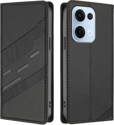 Image de Etui pour Oppo Reno13, étui en cuirPolyuréthaneavec fente pour carte et fonction stand Schwarz