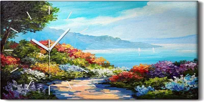 Produktbild von Dekor Leinwand Uhr Wandbilder Quarz 60x30 Blume Baum Wasser Berg Landschafts - weiße Hände