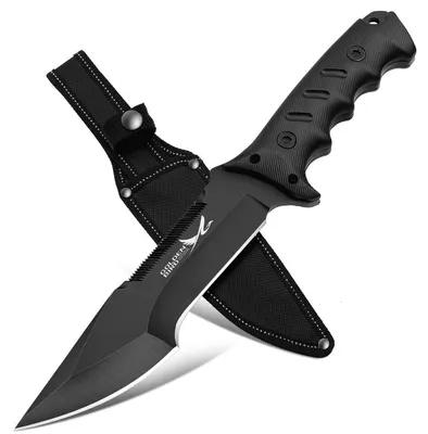 Productafbeelding van Outdoor mes voor overleven met zaag, zwart, 2-in-1 lemmet | Jachtmes met vast lemmet en schede - 9CR18MOV staal, bushcraft mes, full tang, 29 cm
