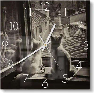 Produktbild von DEQORI Glasuhr 30x30 cm Zahlen 'Katzen auf Fensterbrett' Wanduhr Glas Uhr Design leise