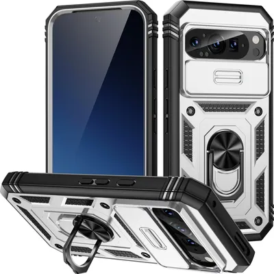 Produktbild von Hülle für Google Pixel 10 Pro XL, Schiebe Kamera Schutz Stoßfest Schutzhülle mit Ringhalterung Ständer Weiß
