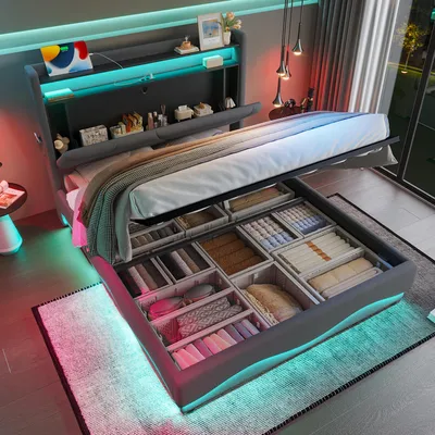 Productafbeelding van Gestoffeerd bed - 140 x 200 cm, grijs, fluweel, met USB- en USB-C-poorten, LED-verlichting, met bedlade, beklede bedbodem voor de slaapkamer