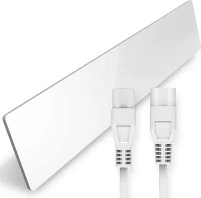 A white flat panel device with two white cables and connectors, presented on a white background.