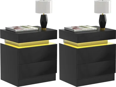 Produktbild von 2x LED Nachttisch,Schwarz Hochglanz Nachtschrank mit 2 Schubladen,Versteckter Stauraum Oben,Beistelltisch Kommode für Schlafzimmer 45x35x52cm