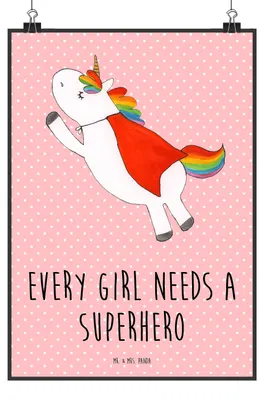 Produktbild von Mr. & Mrs. Panda Bild Einhorn Super DIN A5 - Rot Pastell - Geschenk, drucke, Wandbild, Plakat, wanddeko, Held, Einhörner, Freundin, Kunstdruck, Unicorn, Superheld