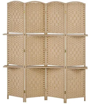 Zdjęcie produktu dla Parawan – 4-elementowy parawan drewniany – 160 x 170 cm – z 2 półkami – składany