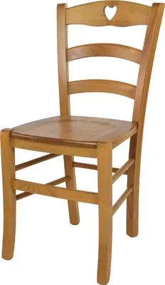 A wooden chair with a heart-shaped cutout in the backrest.