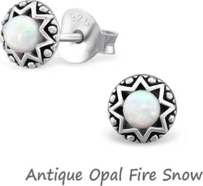 Produktbild von Opal Ohrringe: Silber Ohrstecker mit Opal Imitat Antique Opal Fire Snow