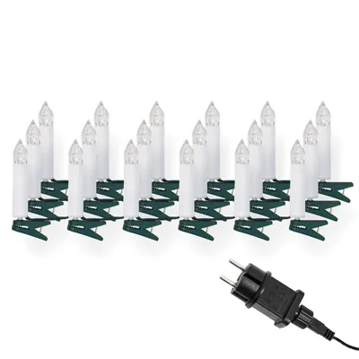 A set of 16 white LED Christmas tree lights with green clips, and a black power plug.