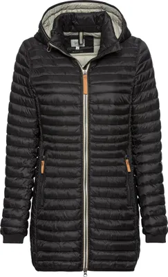 A black quilted jacket with a hood, shown from the front.