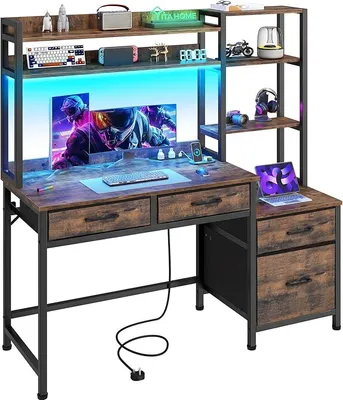 Imagen del producto de Escritorio de ordenador con cajones, toma de corriente y puerto USB, color marrón, 128 cm