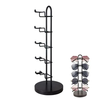 Produktbild von Brillenhalter, Sonnenbrillen-Organizer, Metallrahmen mit Holzsockel, Fasst 5 Brillen-Displays, für Tische, Schreibtische, Arbeitsplatten, 11x11x33cm