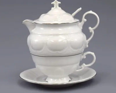 Produktbild von Tasse mit Teekanne, tschechisches Porzellan, Platinlinie, 0,2 l und 0,4 l, Leander
